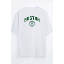 Boston Baskılı Unisex Oversize T-shirt Beyaz