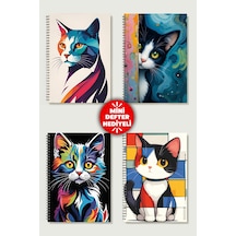 Kedi Tasarım Temalı 4'lü Set A5 Metal Spiralli 2 Ad. Çizgili- 2 Ad. Kareli Karton Kapak Kedi Tasarım Temalı 4'lü Set Defter Çok Renkli