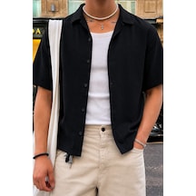 Cool Tarz Erkek Müslin Kısa Kollu Gömlek Regular Fit Rahat Kalıp Yazlık Siyah Siyah