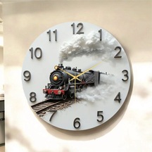 Tren Renkli Baskı Desenli Sayılı Hediyelik Ahşap Sessiz Tablo Duvar Saati 02 Renkli