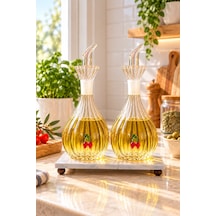 2 Adet Kirazlı 900 Ml Borosilikat Tombul Çizgili Cam Yağdanlık Ve Mermer Stantlı Yağlık Sirkelik Seti Şeffaf