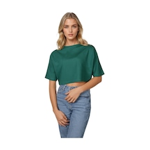 Koyu Yeşil Bisiklet Yaka Rahat Kalıp Yarasa Kol Pike Kadın Crop T-shirt Koyu Yeşil