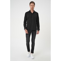 Efor Slim Fit Dokulu Erkek Yaka Pamuklu Klasik Siyah Gömlek Gk 740 Siyah