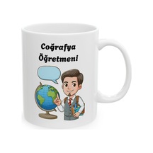 Erkek Coğrafya Öğretmeni Hediyelik Baskılı Porselen Beyaz Lüks Kupa Bardak Beyaz