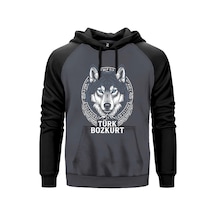 Türk Bozkurt Yazılı Detaylı Kurt Başı Baskılı Gri Renk Reglan Kol Sweatshirt Kapşonlu