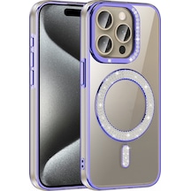 Apple Uyumlu iPhone 15 Pro Kılıf Pırlanta Taş Tasarımlı M-safe Şarj Özellikli Karetta Silikon Kapak Mor