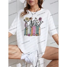 Startmore Unisex Bay Çiçek Desenli Düşük Omuz Tişört Kod-1315 Beyaz