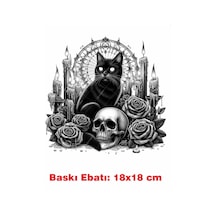 Siyah Kedi Gotik Temalı Ütü İle Yapışan Tekstil Kumaş Tişört Dtf Baskı 3531
