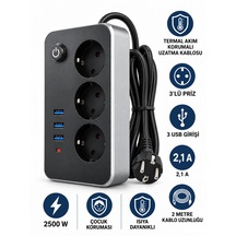 Termal Akım Korumalı Uzatma Kablosu 2 Metre Kablolu 3 Lü Priz 3 Usb Giriş 2.1 A Isıya Dayanıklı Çocuk Koruması 2500watt Ev Ofis