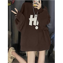 Harfli Grafik Düşük Sweat-trzksw3222 Kahverengi