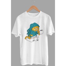 Daksel Beyaz Renk Basic Garfield Uyku Baskılı Erkek T-shirt Dks4655
