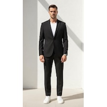 Erkek Gofre Desenli Takım Elbise Bağcıklı Pantolon Duble Paça Tek Düğme Modern Slim Fit Siyah