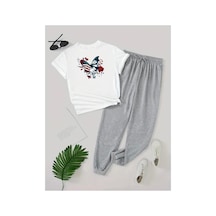 Medinenur Gül Ve Kelebek Baskılı T-shirt Eşofman Altı Jogger Rahat Kalıp Siyah Eşofman Takım Beyaz