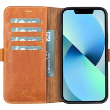 Apple Uyumlu iPhone 13 Pro Deri Cüzdanlı Kılıf Karamel