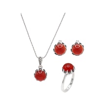 Midyat Nurtaş Gümüş 201021941 Akik ve Markazit Taşlı 925 Ayar Gümüş Üçlü Set