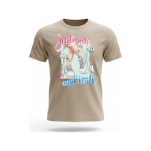 Urbantrendstore Just Smile And Walk Genç Kız Oversize Fit Rahat Geniş Salaş T-shirt Günlük Tişört Bej