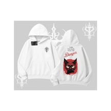 Tarzsokak Gotik Kedi Arka Baskılı Kapşonlu Sweatshirt Beyaz