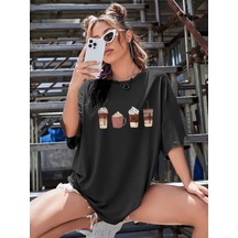 Coffe Süprem T-shirt - Siyah Baskılı Oversize Bisiklet Yaka Kısa Kol Tişört Siyah