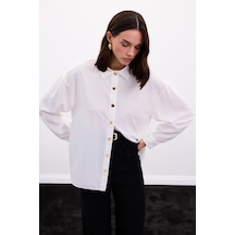 Sateen Çıtçıt Detaylı Gömlek - Ekru-136898 ekru