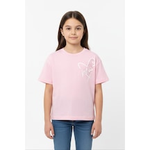 Toontoy Kids Toontoy Kız Çocuk Fiyonk Tül Detaylı Taşlı Kalp Baskılı Tişört Açık Pembe