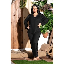 Lukitus Düğmeli Gömlek Yaka Battal Kadın Pijama Takımı Siyah