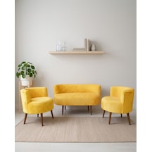 Sydney 2+1+1 Welsoft Tüylü Yumuşak Kumaş Balkon Çay Seti Koltuk Takımı - Ahşap Ayak - Sarı