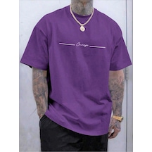 T-shirt - Courage Baskılı Oversize Bisiklet Yaka Mor Rengi Kısa Kol Tişört Mor