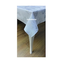 Simli Dallı Yaprak Salça Lekesi Tutmayan Beyaz Lüks Astarlı Dertsiz Linen Pvc Muşamba Masa Örtüsü Gümüş