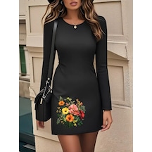 Kadın Uzun Kollu Bisiklet Yaka Çiçek Desenli Mini Dalgıç Elbise Siyah
