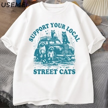 Flood Of Style Destek Yerel Sokak Kedi T-shirt Komik Rakun Sevgilisi Karikatür T Shirt Yaz Pamuk Kısa Kollu Beyaz