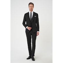Efor Slim Fit Dokulu Çift Yırtmaç Yelekli Klasik Siyah Takım Elbise Tk 898 Siyah