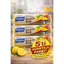 Polmix Limon Kokulu Büzgülü Büyük Boy Çöp Torbası 65x70 Cm 10'lu 5 Paket Dayanıklı Sızdırmaz Çöp Poşeti