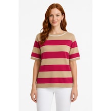 Neden Tekstil Kadın Çizgili Triko Kısa Kollu T-shirt - Çok Renkli
