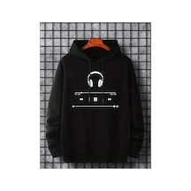 Medinenur Kulaklık Baskılı Kapüşonlu Cepli Sweatshirt Siyah