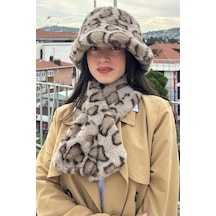 Mollycrush Kadın Leopar Desenli Peluş Şapka Atkı Takım Kışlık Model Bej Leopar