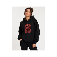 Herkesemoda Love Yazı Baskılı Kapüşonlu 2 İplik Şardonlu Sweatshirt Siyah