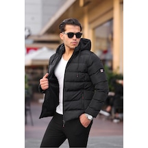 Erkek Siyah Dar Kesim Kapüşonlu Dik Yaka Şişme Mont