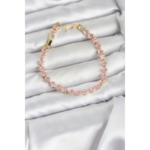 Pembe Kare Zirkon Taşlı Gold Renk Pirinç Su Yolu Kadın Bileklik Çok Renkli