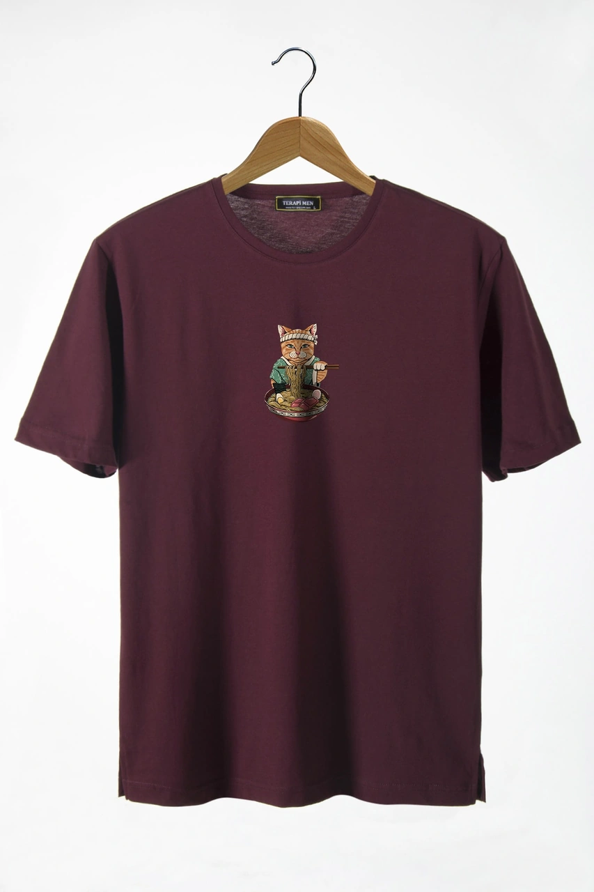 Veaven Kadın Bordo Bisiklet Yaka Şef Kedi Baskılı Oversize T-shirt Bordo