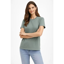 Kadın Bisiklet Yaka Yazlık Kısa Kol Düz Tişört Regular Kalıp T-shirt - Mint Yeşili