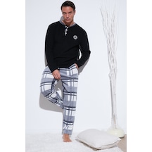 Buratti Ekoseli Regular Fit Düğmeli Bisiklet Yaka Kışlık Polar Erkek Pijama Takımı 60961008 Siyah