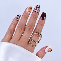 Kahverengi Nail Art Kısa Kare 10'lu Tekrar Kullanılabilir El Yapımı Protez Takma Tırnak Kkkr1575 S