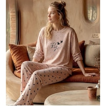 Pijamoni Kadın Likralı Pamuklu Bisiklet Yaka Uzun Kol İnce Pijama Takımı 1300/6 - 1 Adet Pudra