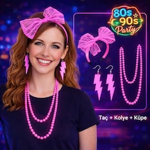 80 Ler - 223 - 90 Lar Neon Pembe Parti Seti Kolye - Glblseme - Küpe Taç 1