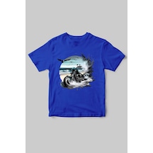 Motorcu Temalı Chopper Motorsiklet Ve Deniz Baskılı Regular Fit %100 Pamuk Bisiklet Yaka T-shirt Saks Mavi
