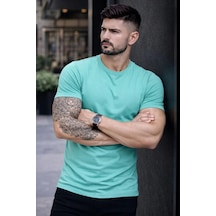 Erkek T-shirt Bisiklet Yaka Slim Fit Dar Kesim Likralı Tişört Günlük Basic Body - Turkuvaz Turkuvaz