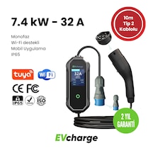 Evcharge 7.4 Kw Elektrikli Araç Şarj Cihazı 10mt Tp2 Kablolu, Ip65