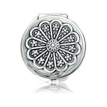 Gümüş Papatya Motifli Kapaklı El Aynası Beyaz