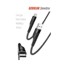 Exenar - Siyah - 3 Metre Usb Type C Kablo 2.4a 3m Uzun Usb-c Kablo Şarj Ve Data Kablosu