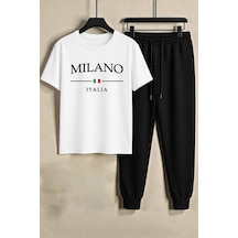 Uyguntarz Unisex Milano Italia Tasarım Baskılı Tişört - 2'li Eşofman Takımı Beyaz